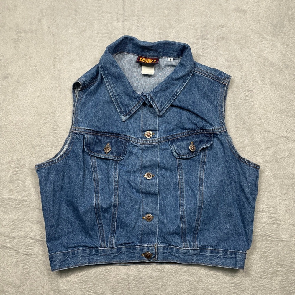 Faded Glory Denim Vest Women Large Blue Cropped Button Front Trucker Sleeveless